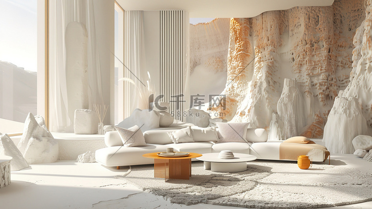 沙漠边的现代白色客厅高清摄影图