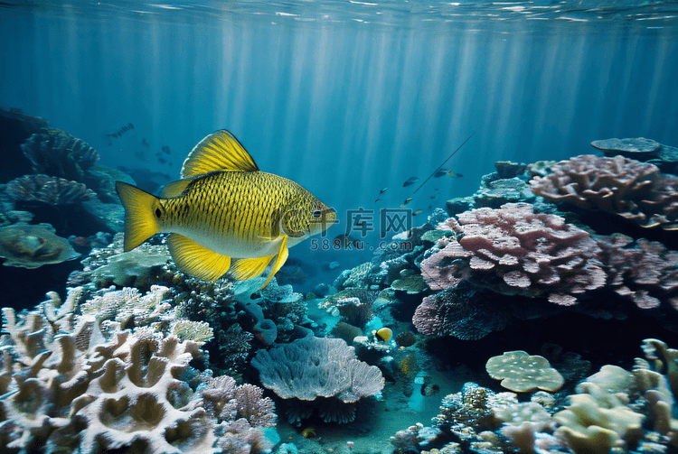 海底游泳的鱼儿与珊瑚摄影配图