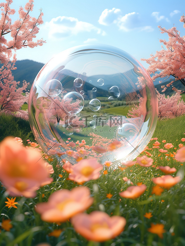 巨大透明泡泡球春天花朵图片