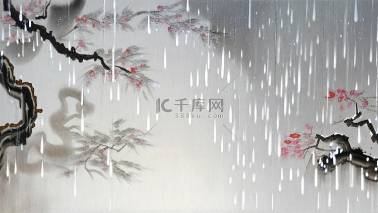 国风清新春天大雨中的风景图片