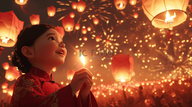 中国春节灯会灯笼烟花绽放的背景