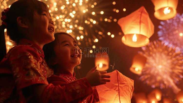中国春节灯会灯笼烟花绽放的背景
