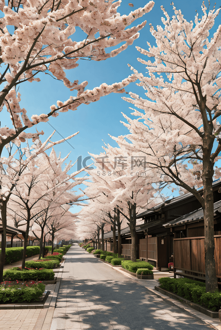日本樱花季旅游街道樱花树摄影图