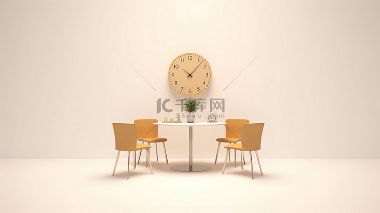 以时钟为中心的桌子，周围的椅子