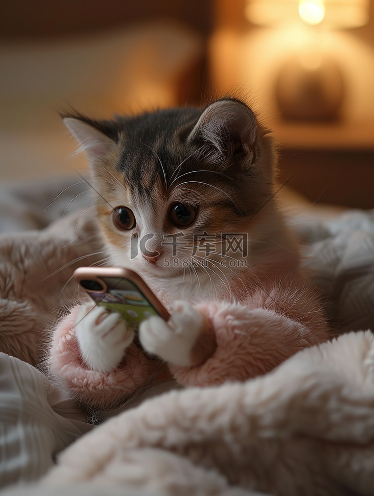 可爱的小猫拿着智能手机照片