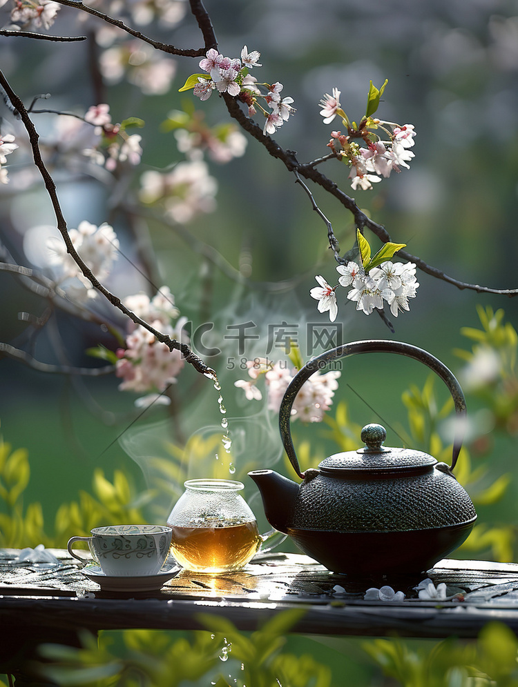 春天桃花树下喝茶摄影图