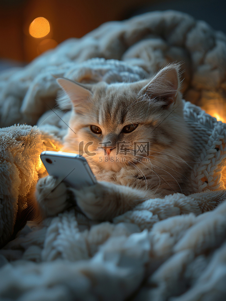 可爱的小猫拿着智能手机摄影照片