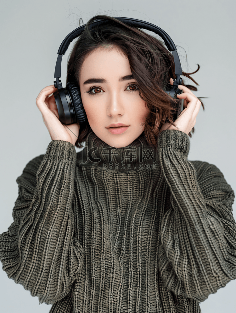 穿着毛衣的美女带耳机听音乐