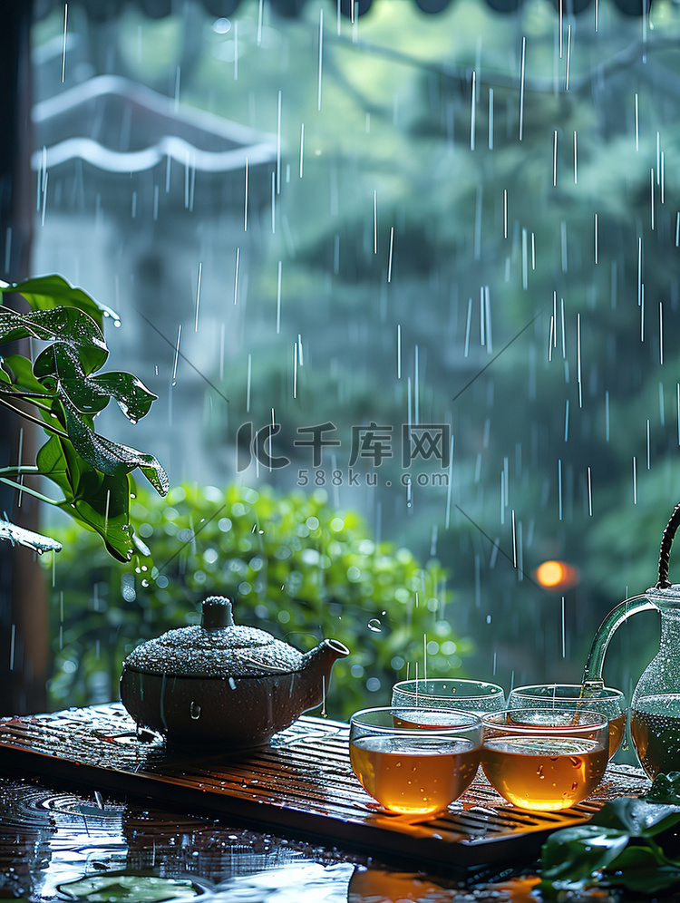 春天下雨天品茶休闲生活摄影图