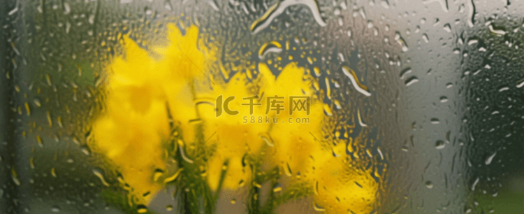 春天雨天玻璃窗里的一束黄色的水