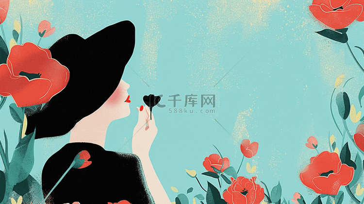 女神节时尚的黑衣女性和花朵设计