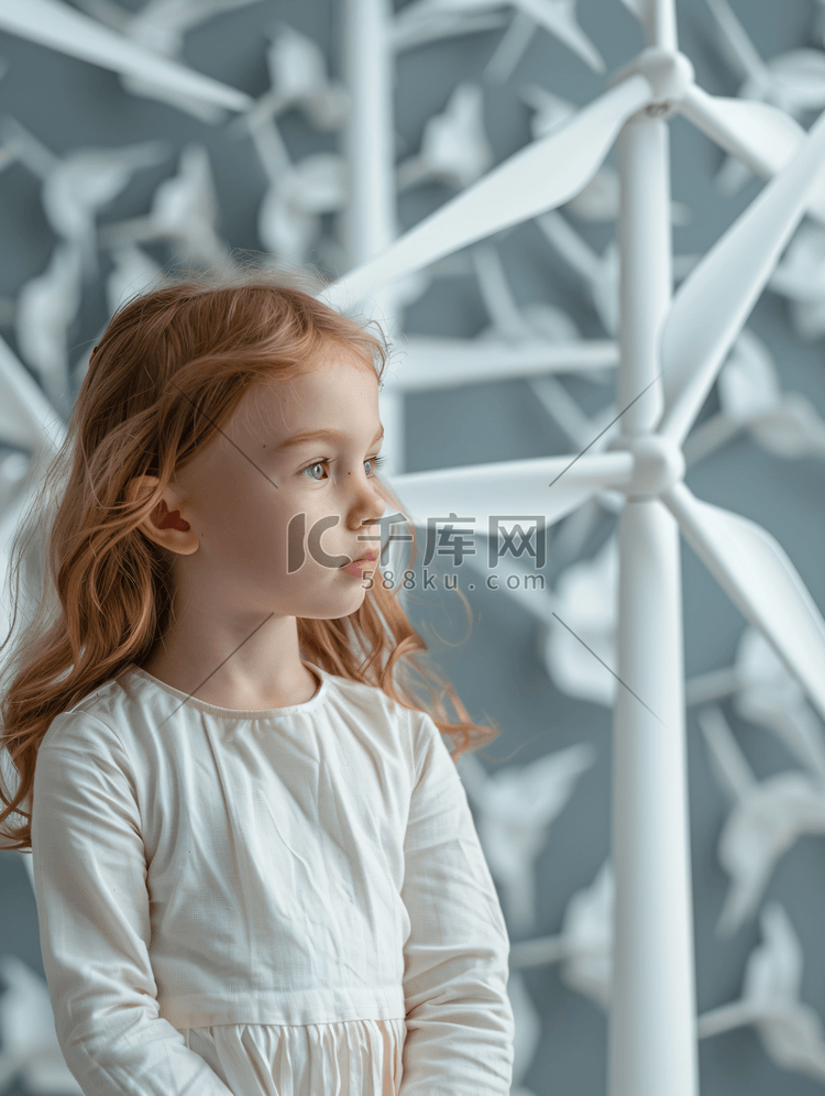 风力发电机模型和小女孩