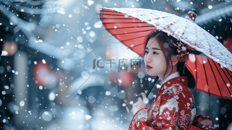 冬天雪景身着汉服的女性摄影