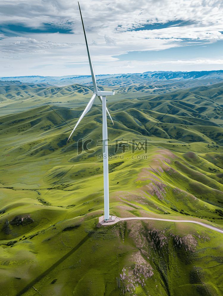 山顶草原风力发电风车航拍摄影图