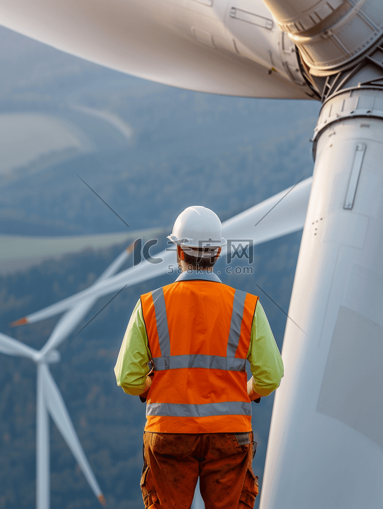 男性工程师勘察风力发电大风车背