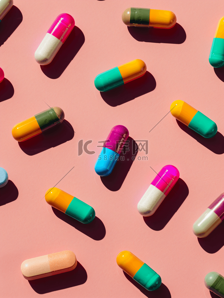 各种颜色彩色的药片和胶囊