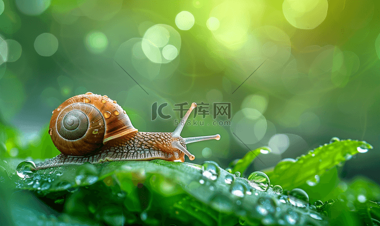 雨天绿叶上的蜗牛摄影7