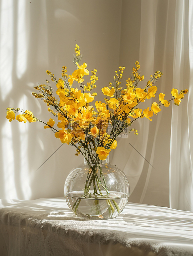 春天窗台上黄色的鲜花摄影图