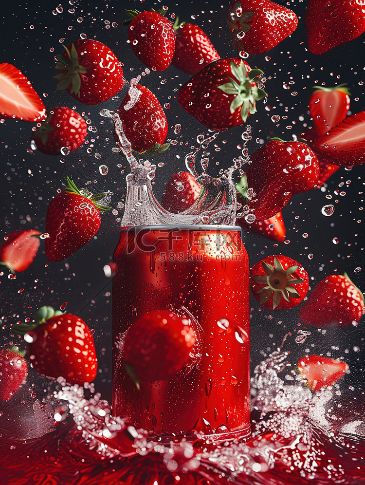 易拉罐新鲜草莓汁摄影配图