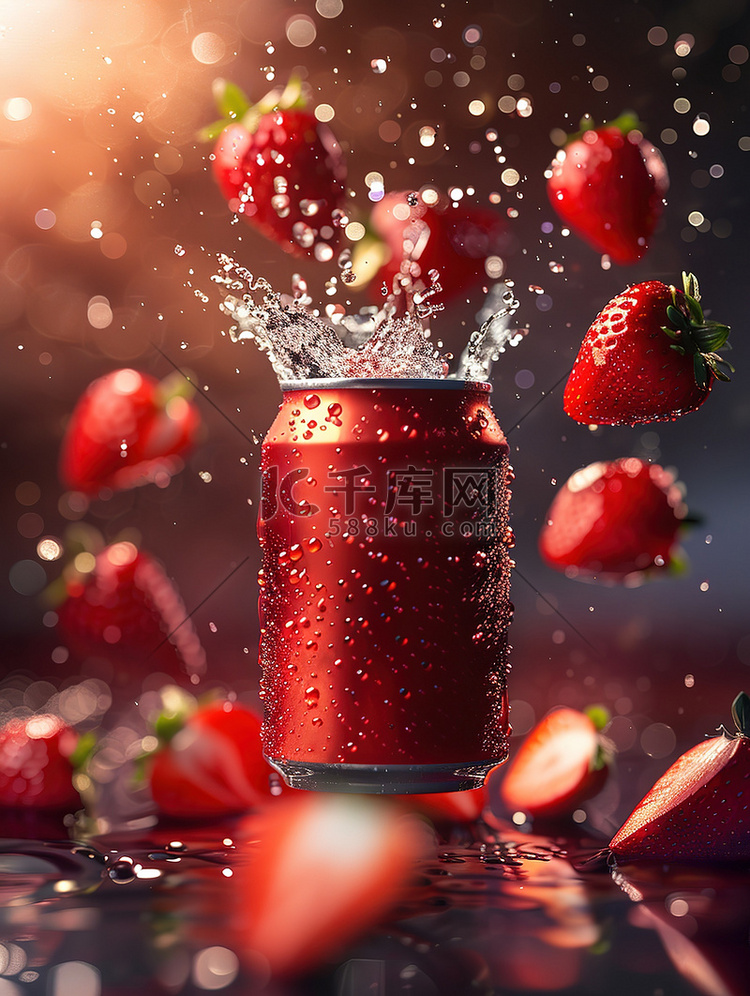 易拉罐新鲜草莓汁高清图片