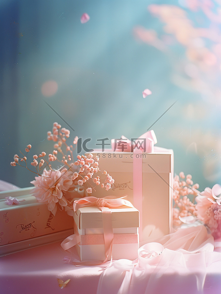 粉红色的礼盒鲜花素材
