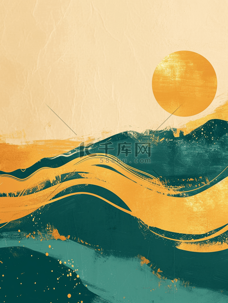 黄绿色金边太阳山水的风景壁画的