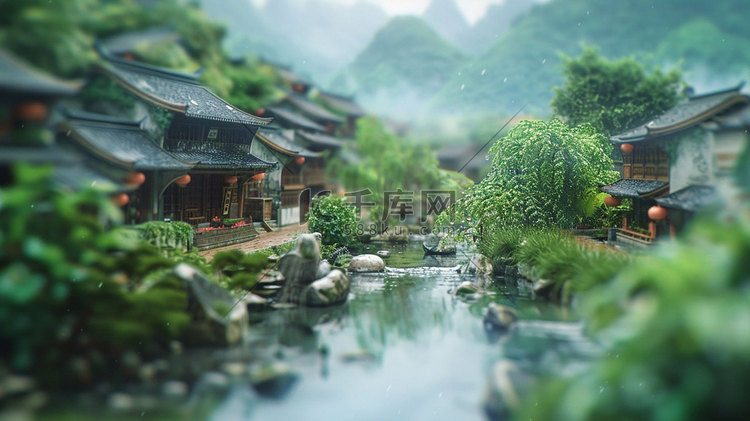 古风园林雨景模型摄影照片写实