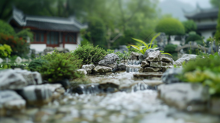 古风园林雨景模型摄影照片