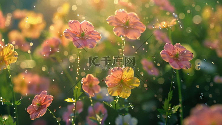 雨中花朵花海风景立体描绘摄影照