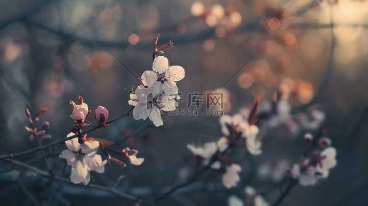 枝头花开鲜艳花朵立体描绘摄影照