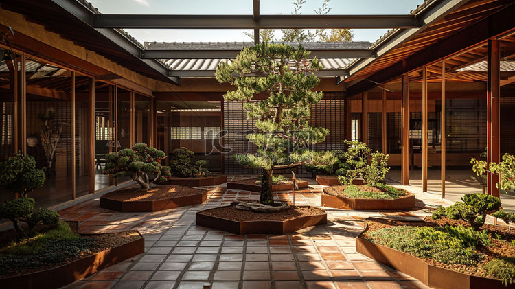 日式庭院松树盆景立体描绘摄影照