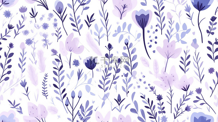 浅紫粉色和靛蓝可爱的小花草背景