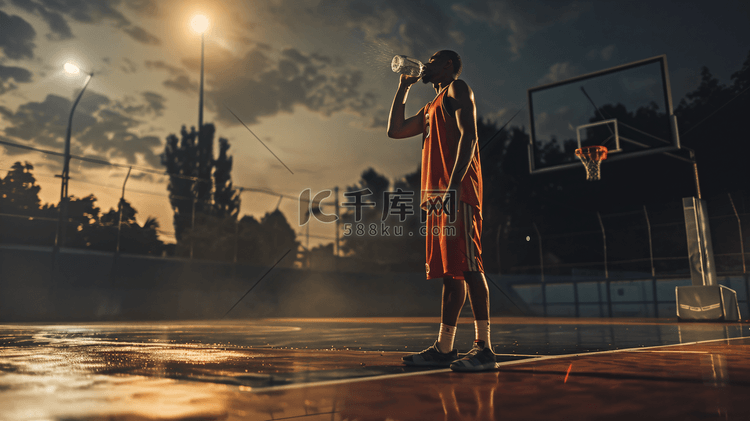 一个男人站在篮球场上喝水