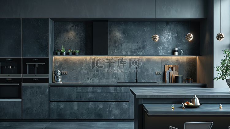 深灰色开放厨房橱柜高清摄影图
