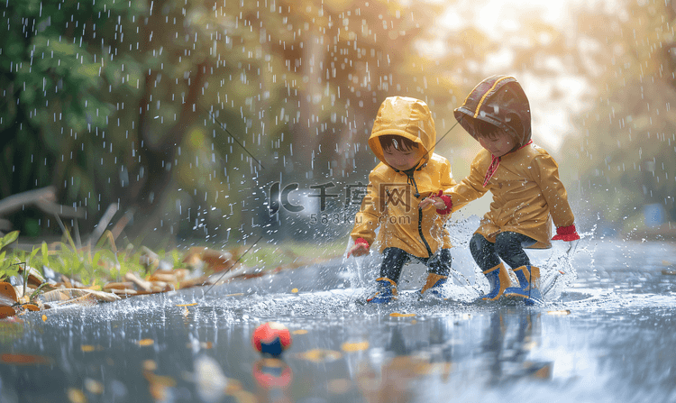 下雨天穿雨鞋的小朋友玩水