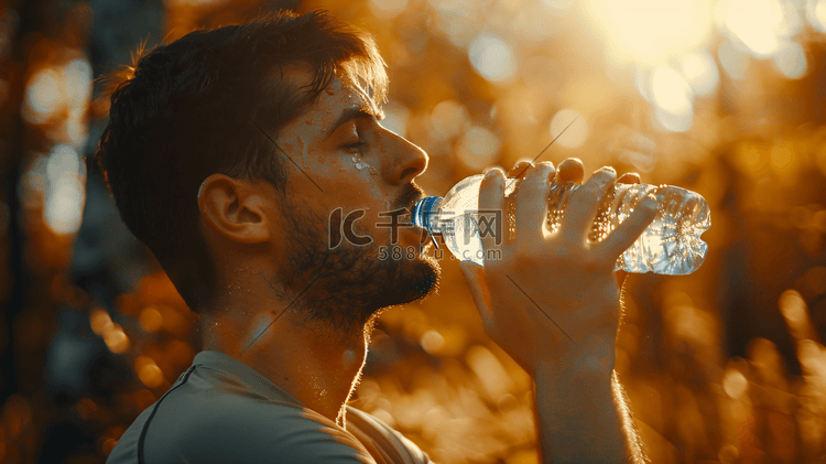 一个运动过后的男人正在喝水补充