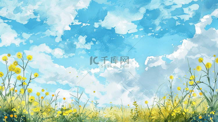 春天手绘蓝天白云树枝花草的背景