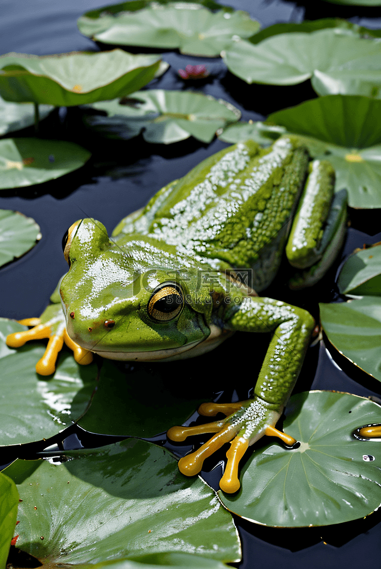 荷叶上的绿色青蛙摄影图