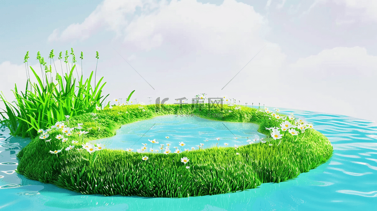 春天绿色3D展台水面上的展台场