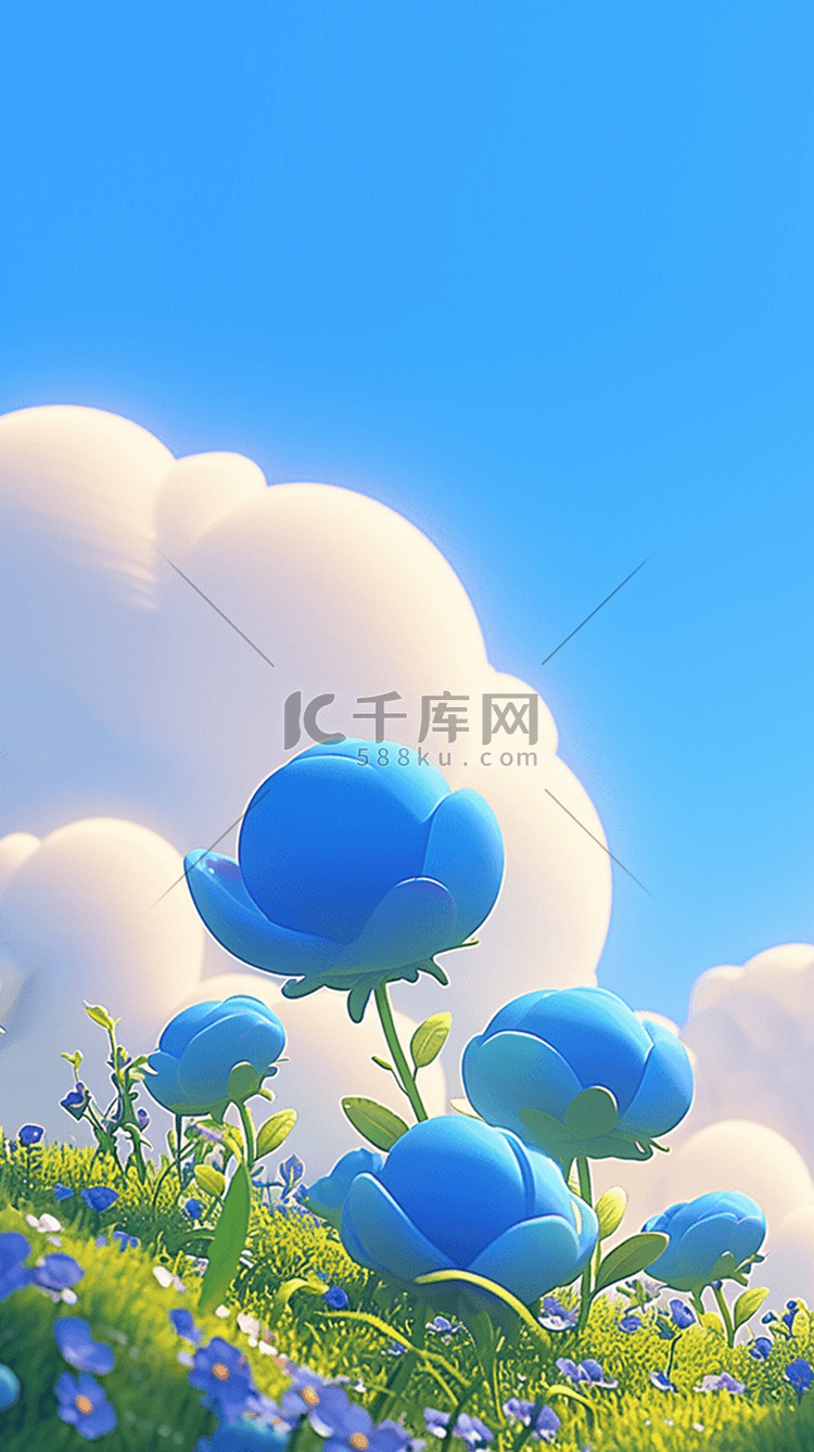 春天可爱风3D蓝色质感花朵设计