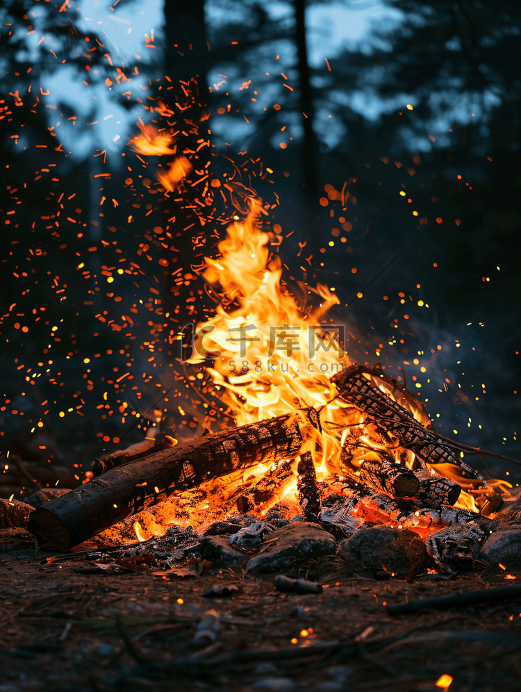 年轻人夜晚露营篝火派对