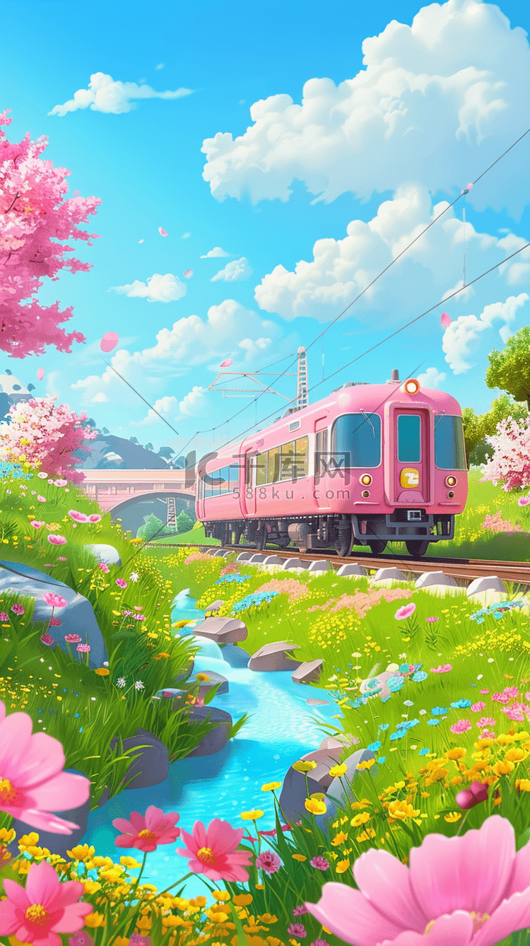 春日出游花田里的粉色列车背景图