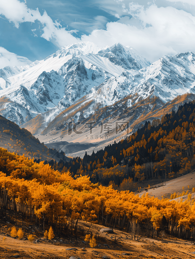 北疆秋色雪山全景