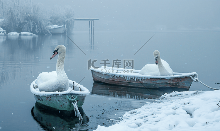 冬天大雪雾凇下的小船天鹅