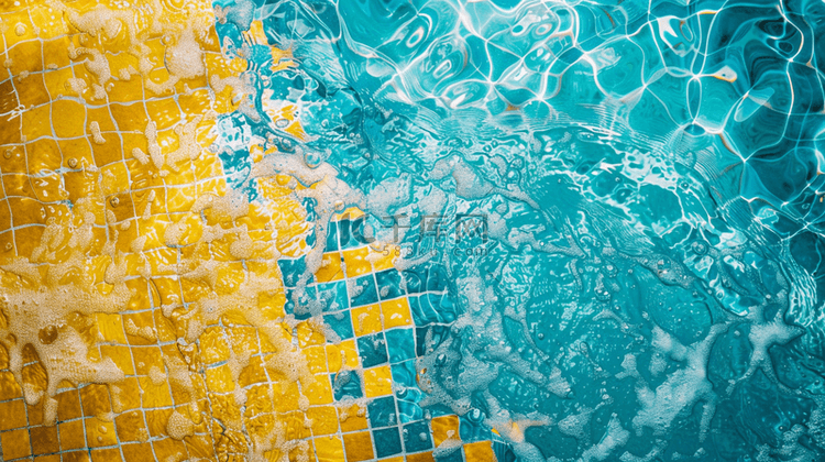 黄蓝色瓷砖泳池水量泡沫的背景