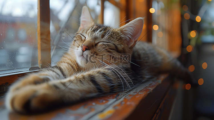 一只睡在窗台上的猫图片
