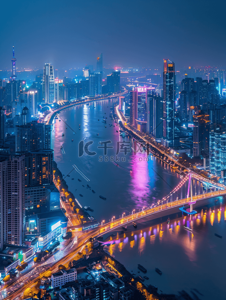 航拍全景广州珠江夜景城市建筑