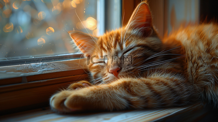 一只睡在窗台上的猫摄影图