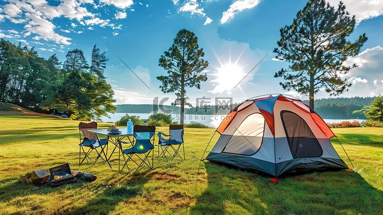 春天湖边帐篷和露营椅摄影图