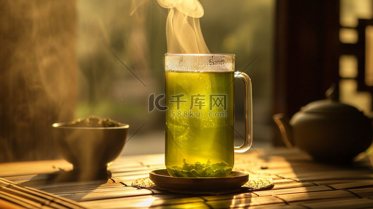 杯子泡茶绿茶立体描绘摄影照片